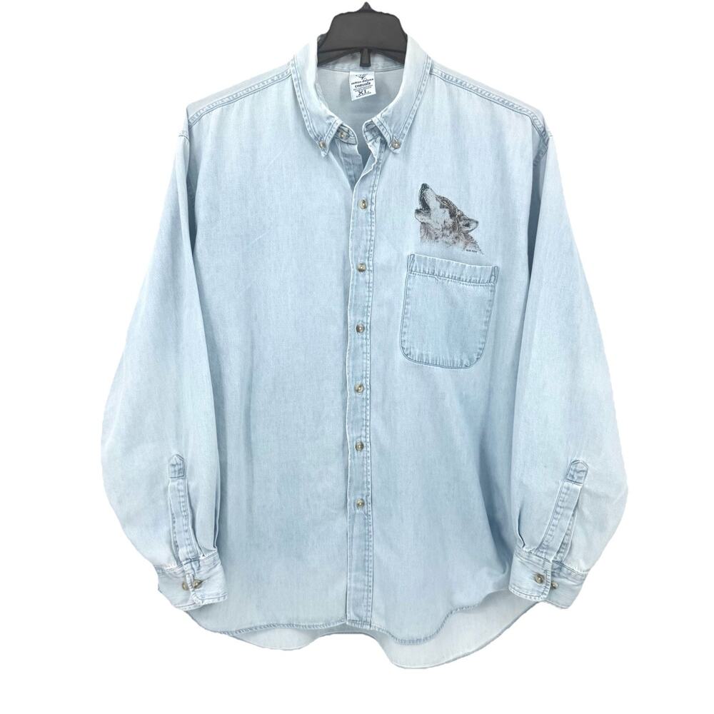 Cotton Deluxe Mens XL Chambray Button Up Shirt Howling Wolf Pack Vintage 90s